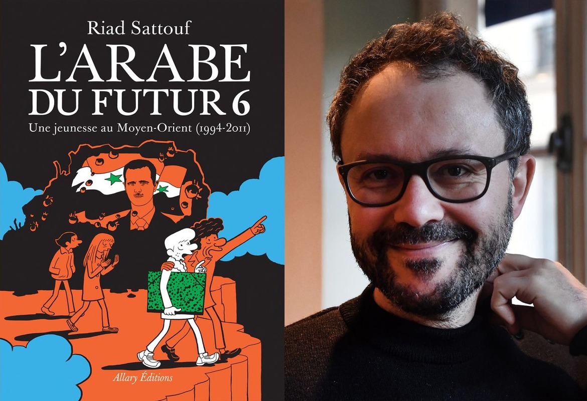 Couverture du tome 6 de L'arabe du futur et portrait de Riad Sattouf