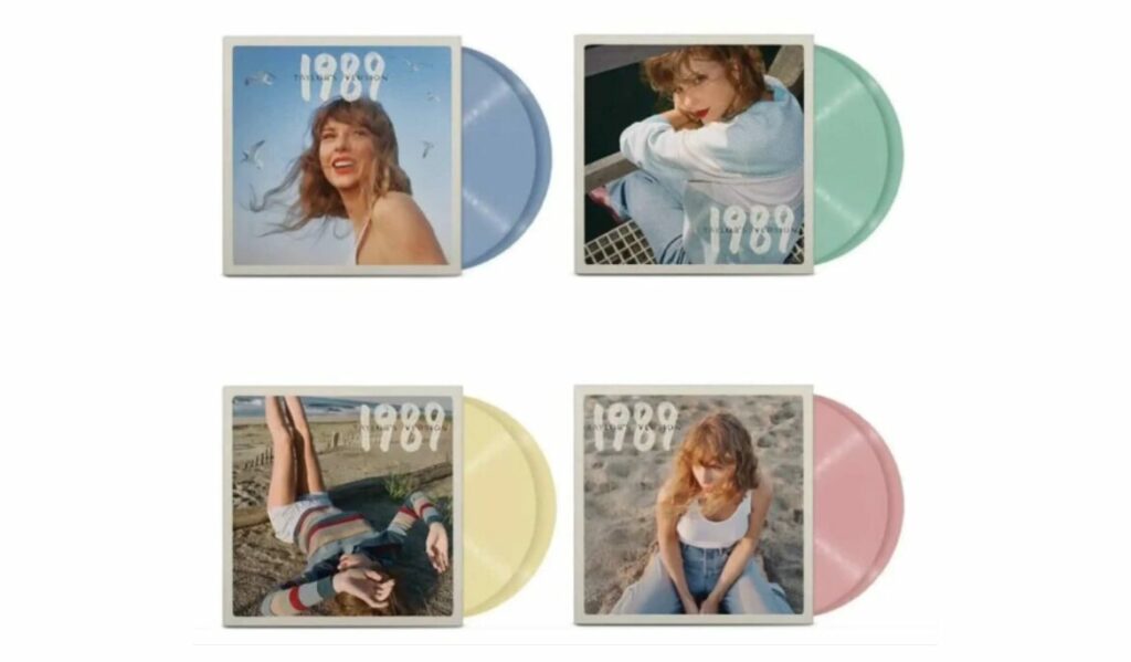 4 vinyles de couleur bleu vert jaune et rose de l'album 1989 de Taylor Swift (Taylor's version)