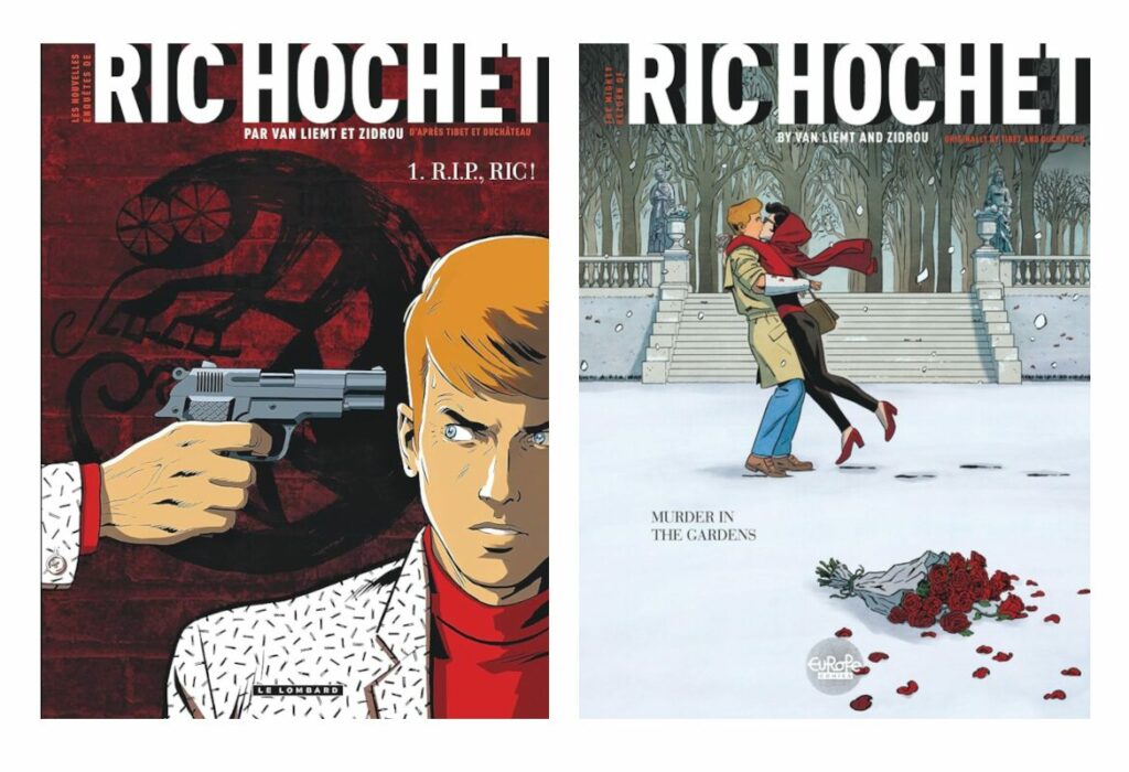couvertures des 2 premiers tomes de Les nouvelles aventures de Ric Hochet de Simon Van Liemt et Zidrou : 1. R.I.P. Ric ! et 2. Meurtres dans un jardin français